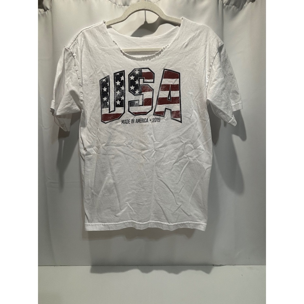 USA Graphic T-Shirt Women Small White Distressed Made In America 2019
